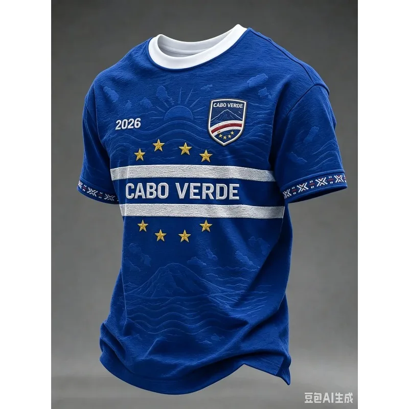New 3D Splash Shark & Soccer Print Cabo Verde Fan T-Shirt Star Graffiti Short Sleeve Sport Tee for Football Game Day Supporters