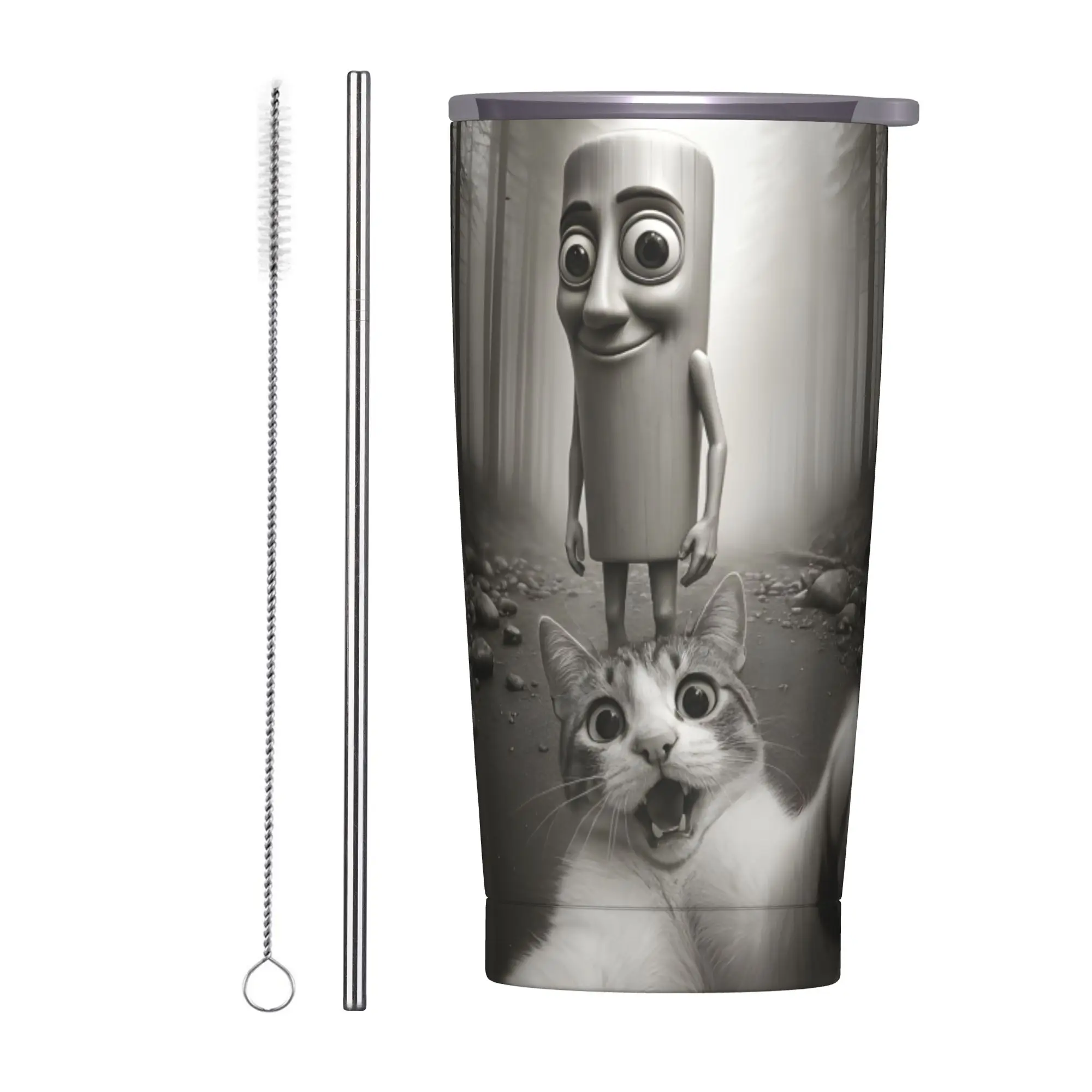 Cat Selfie With Tung Tung Sahur Tumbler Vacuum Insulated  Italian Brainrot Coffee Cups with Lid Straw Mugs Water Bottle, 20oz