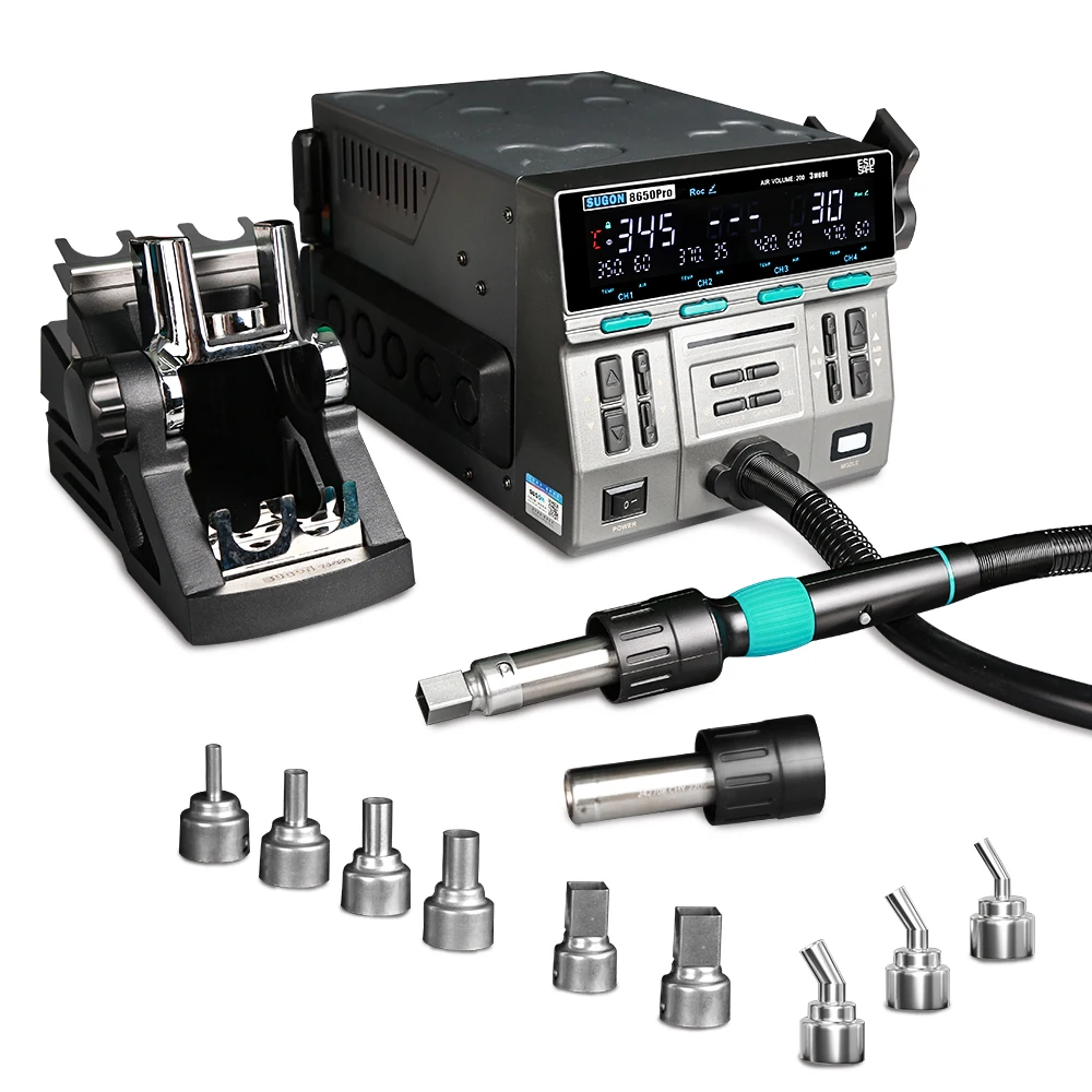 

Model 8650pro 1300W Hot Air Rework Station SMD Welding Curve Mode for Welding Desoldering Repair Tools with 9 Nozzles