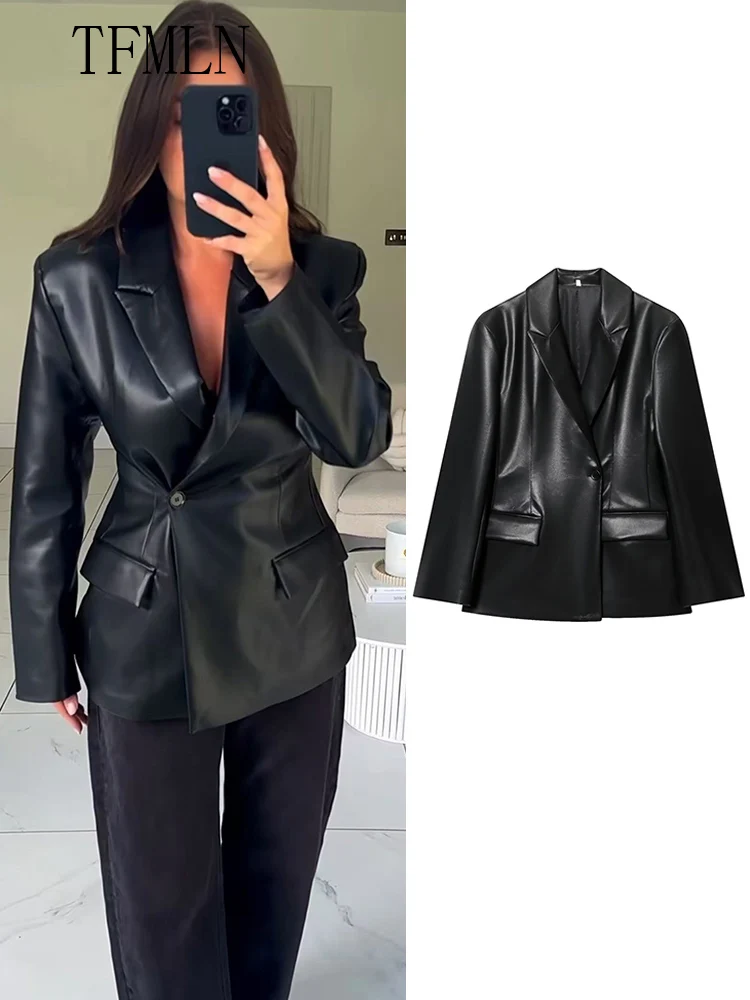 

Fashion Women Slim Faux Leather Jackets 2025 Autumn Winter Notched Single Button Causal Chic Coats Full Sleeve Pockets Outwear