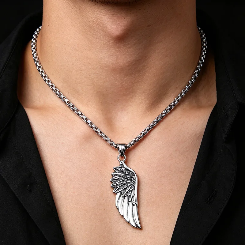 Vintage Titanium Steel Angel Wings Necklace Personality Hip Hop Wings Pendant Men