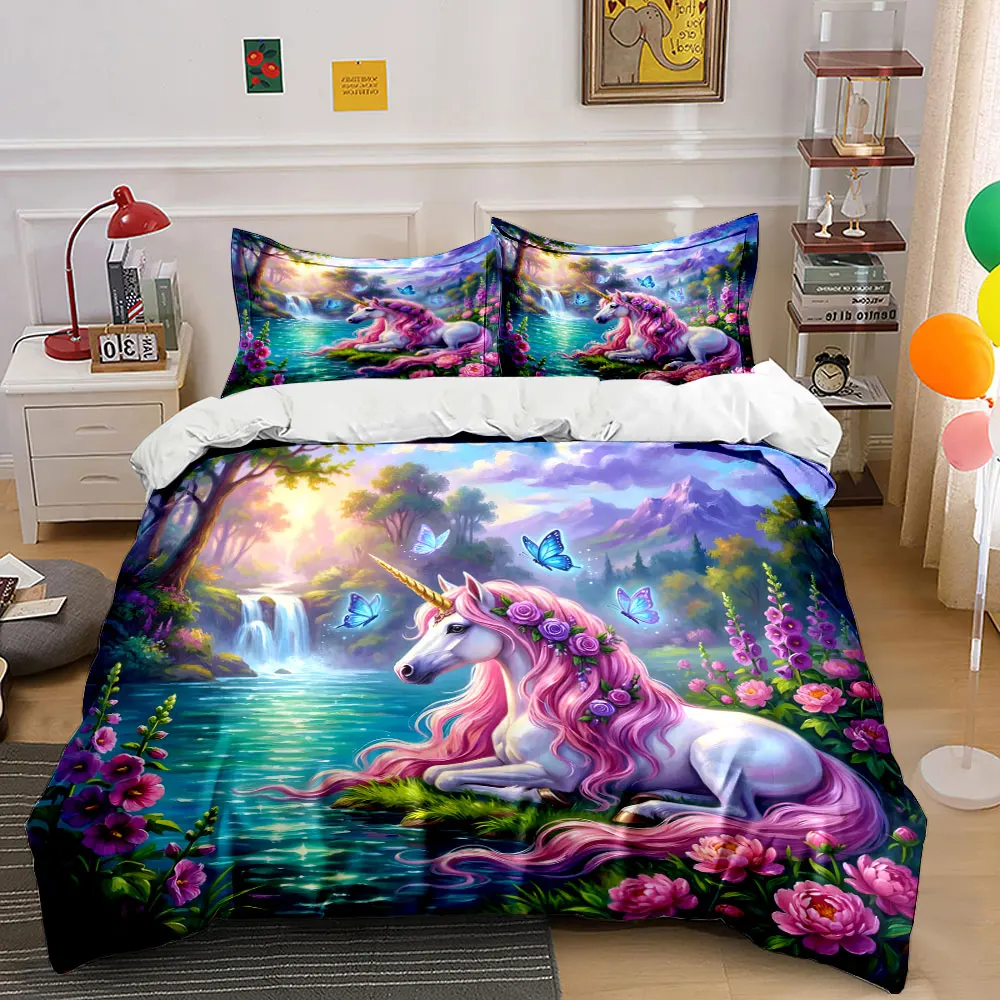 Dreamy Unicorn by the Lake Print Bedding set 3PC 1 duvet cover 2 pillowcases adult and children bedding set Luxury