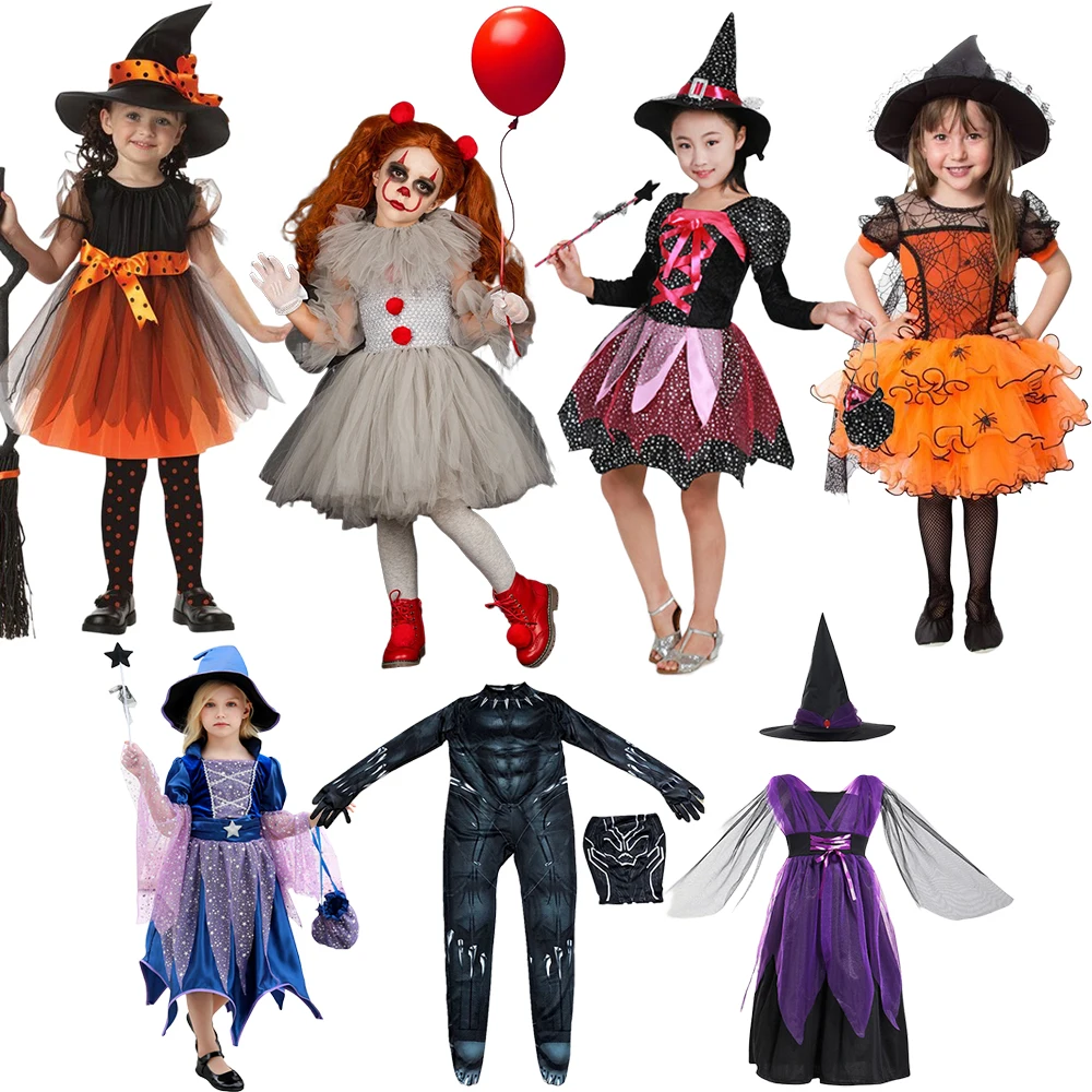 

Baby Girls Halloween Witch Costume Children Cosplay Vampire Princess Dresses Kids Dress Up Clothes With Hat Carnival Party Gift