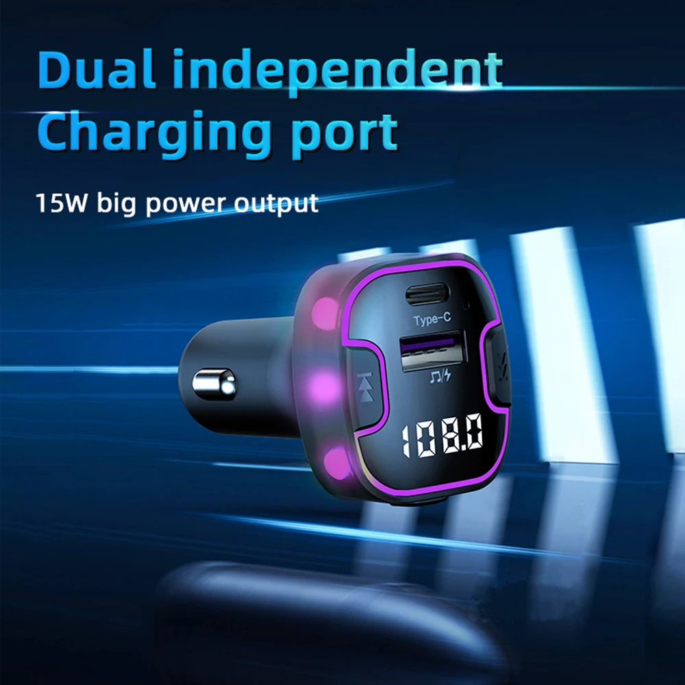  Car Fast Charger Bluetooth-compatible 5.0 FM Transmitter Handsfree PD Type-C Dual USB Ambient Player MP3 Charger Type-C