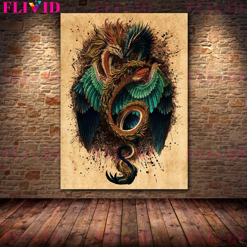 Owl And The Gate Of Time Vintage Wall Art Canvas Painting Witch Wolf, Dead Bone,Flying Dragon Art Poster And Print Home Decor