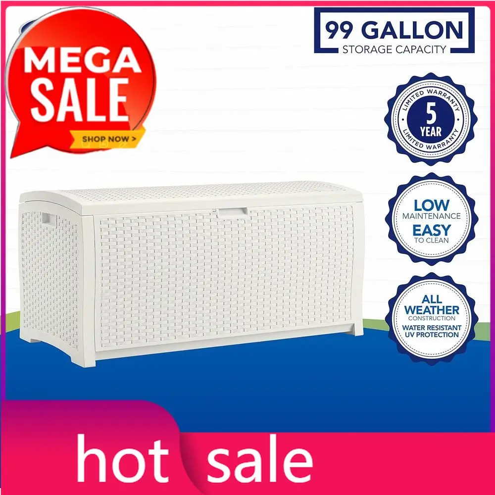 Promotion99 Gallon White Resin Wicker Outdoor Storage Box - Weatherproof Patio Container & 33 Gallon Resin Outdoor Trash Bin wit