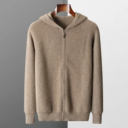 Cardigan à Capuche en Tricot Épais pour Homme, Veste de Grande Taille, 100% Laine Mérinos, Décontracté, à Manches sulf, Manteau Sportif, Automne et Hiver