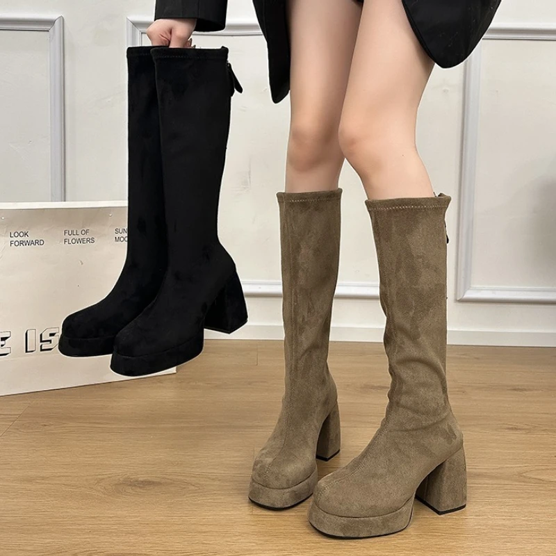 

Winter Platform Thick Heels Woman Modern High Boots Sexy Round Toe Party Dress Shoes Female Vintage Stretch Slim Long Booties