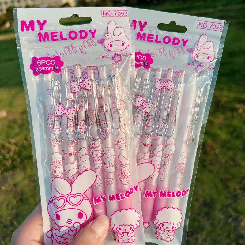 6PCS Set Creative Sanrio Roller Ball Pen Cartoon Anime Stationery Kuromi My Melody Cinnamoroll 0.38Mm Black Student Use