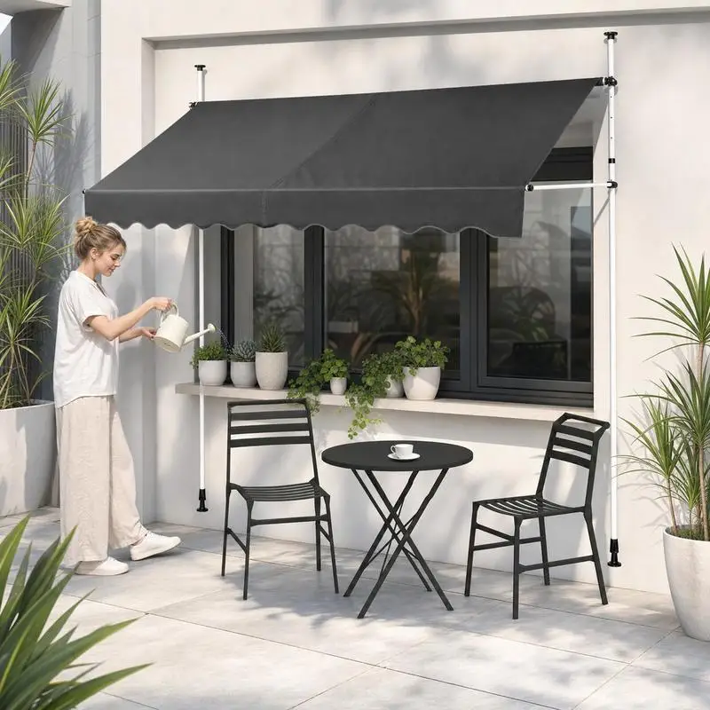 Auvent télescopique gris à manivelle, structure en aluminium robuste. Tissu Oxford PU imperméable anti-UV, hauteur et inclinaison réglables. Protection contre le soleil et les intempéries, installation simple pour balcon, terrasse et vitrines.