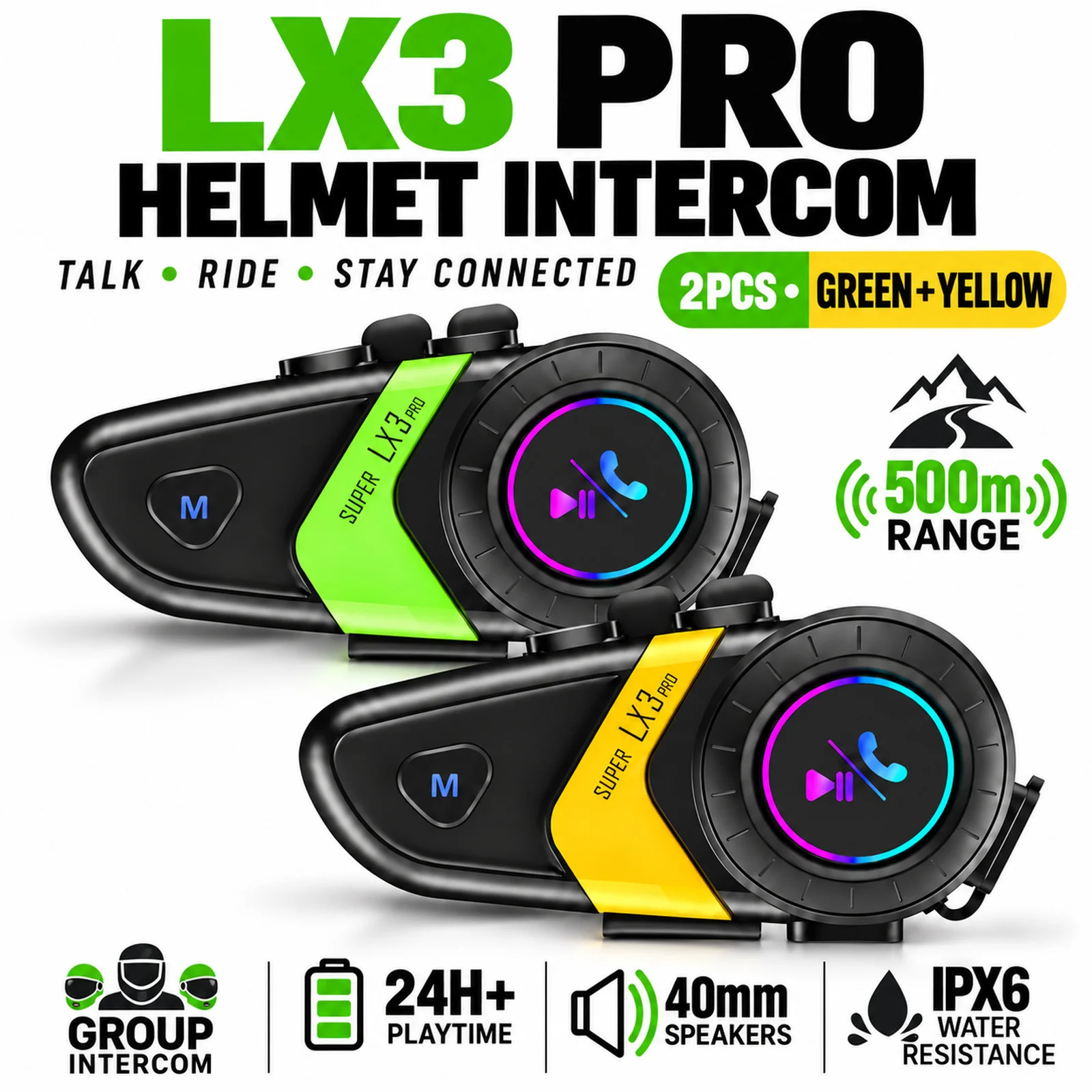 2 Pack LX3Pro Helmet Bluetooth Intercom for 2 Riders, 40mm Speakers, 1200mAh Battery, IPX6, Voice Assistant