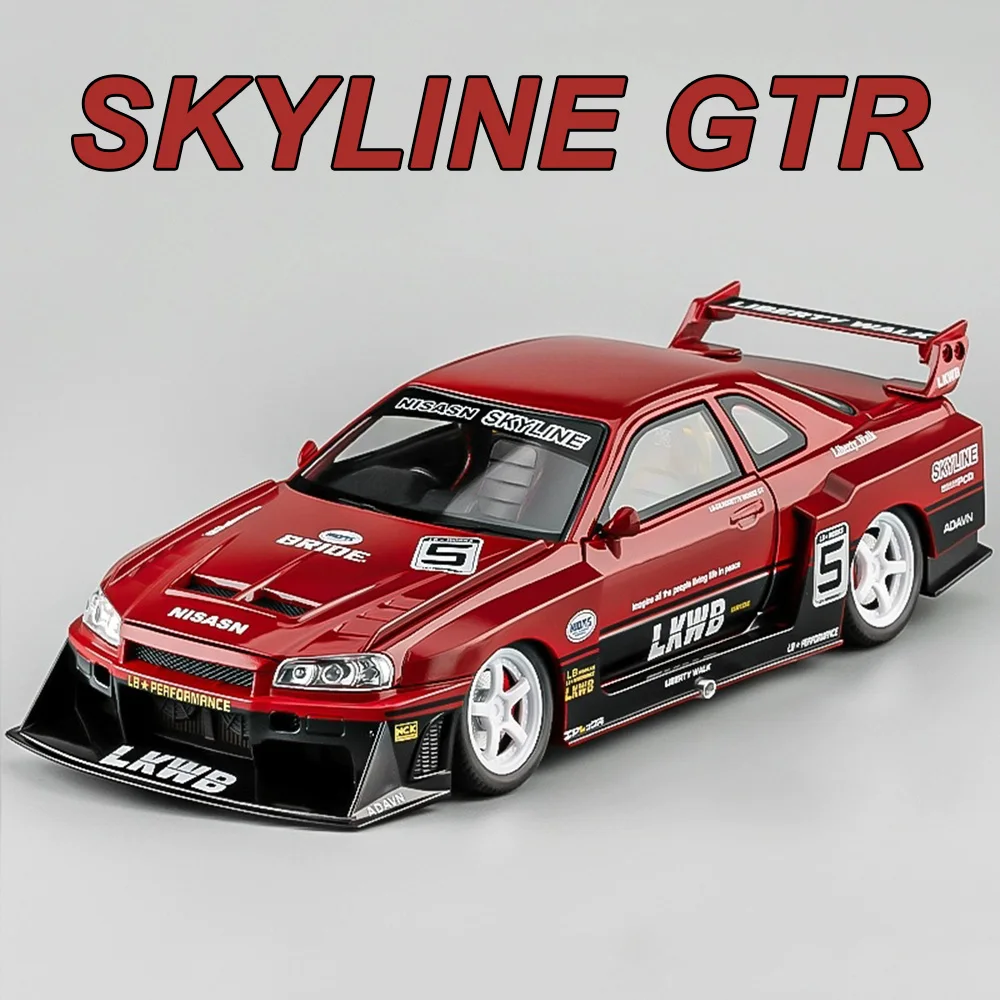 1:24 SKYLINE GTR S15 R34 Alloy Model Car Toy Diecast Sports Cars Doors Opened Sound Light Pull Back Vehices Home Decor Ornaments