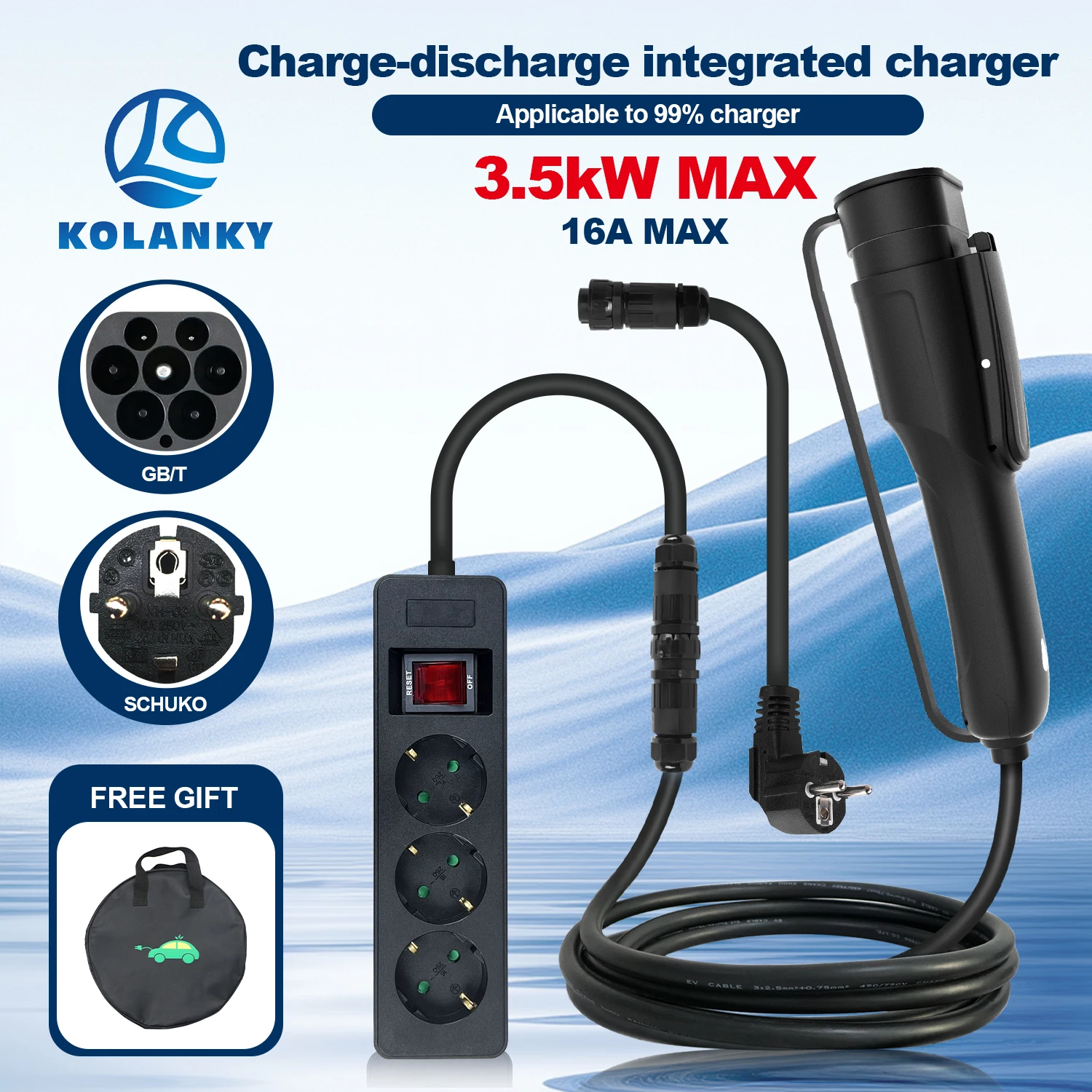 

Kolanky 16A 3.6KW GBT Adaptive Charging And Portable 2-in-1 Charger & Discharge For Electric Vehicle Outdoor Camping Cars 5M