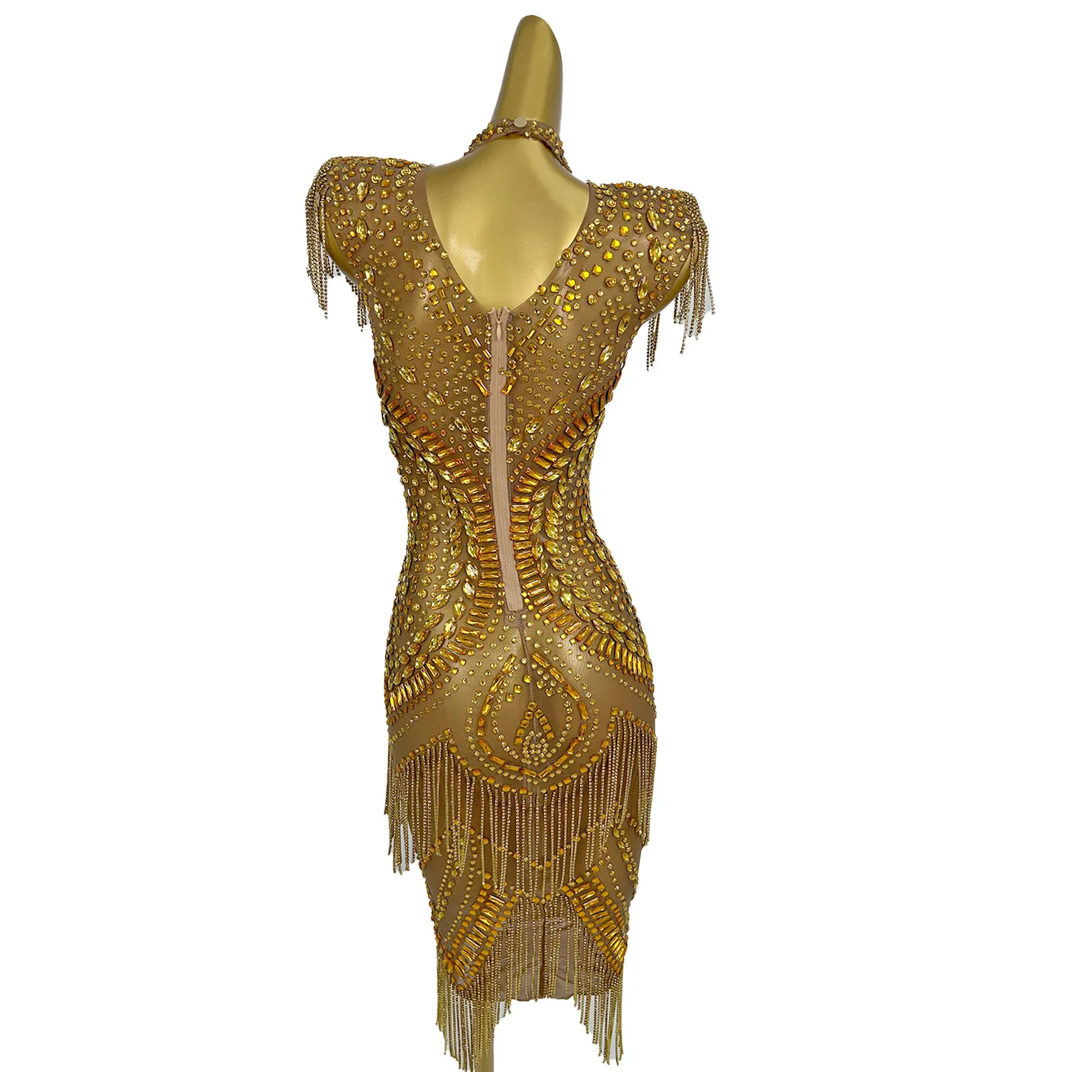Women Transparent Gold Diamond Party Dress Birthday Luxury Costume Fancy Brilliant Dancer Wedding Dress Impressive Dress Luogu