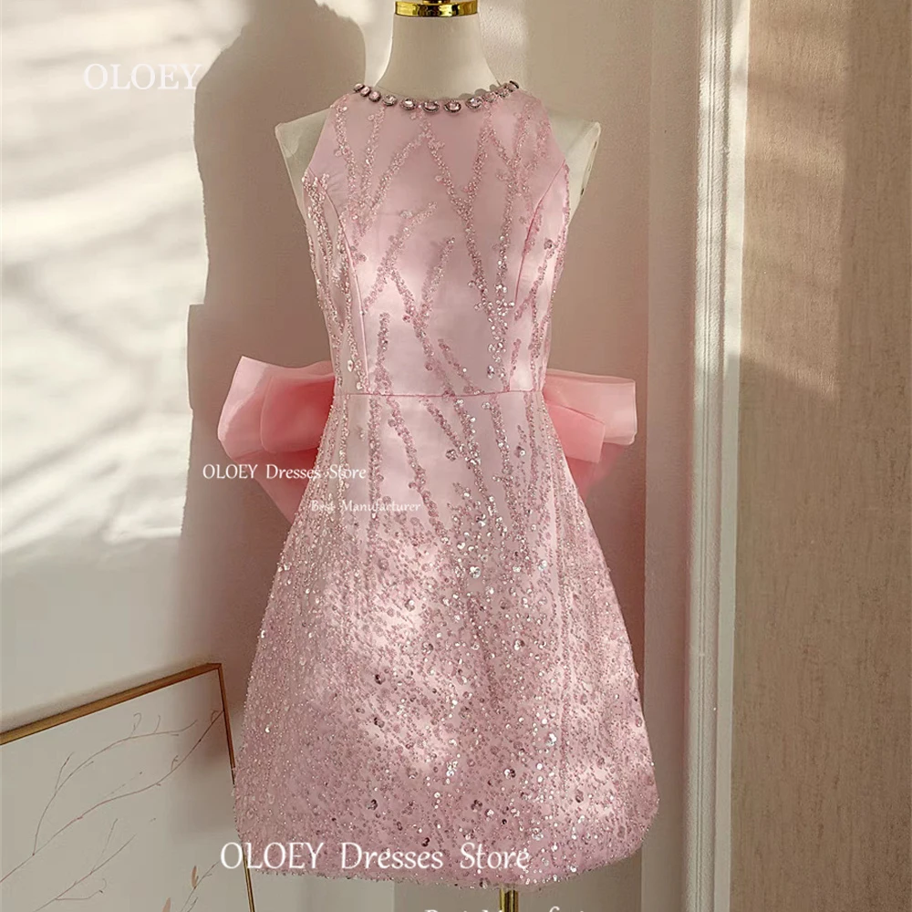 OLOEY Glitter Pink Mini Prom Cocktail Dresses Removeable Bow Back O-Neck Women Wedding Party Dresses Formal Gowns Zipper Custom