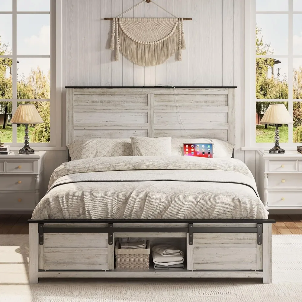 

Wooden Bed Frame Full Size with Headboard & Sliding Barn Door Storage Footboard, Farmhouse Platform Bedframe, Customized