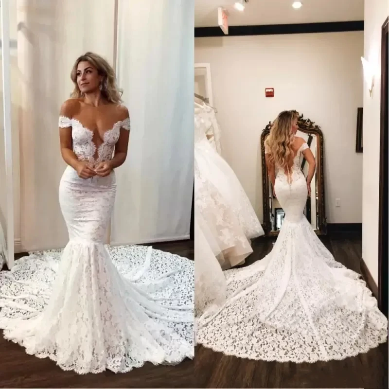 Luxurious and elegant Full mermaid wedding dress sexy sheer backless wrap hips with button long sweep train bridal dress