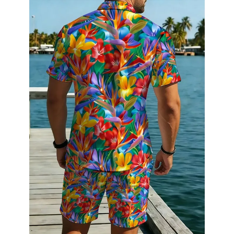 Men's Printed Short Sleeve Shirt & Long Pants Set Lightweight Polyester Summer Vacation Casual Comfortable Durable Beach Outdoor view 2