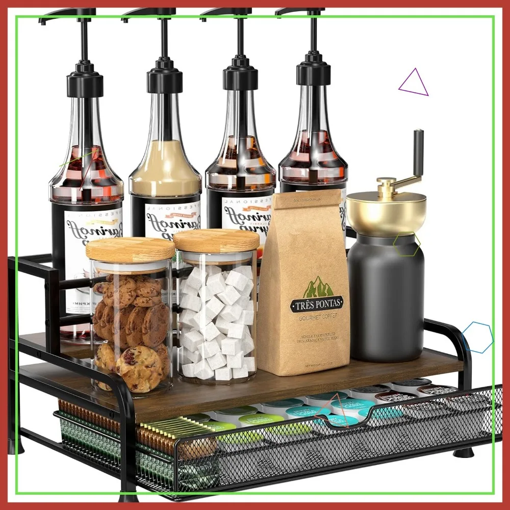 

3-Tier Coffee Syrup Organizer with Pull-Out Drawer, Holds 8 Bottles and 35 K-Cups for Kitchen or Cafe