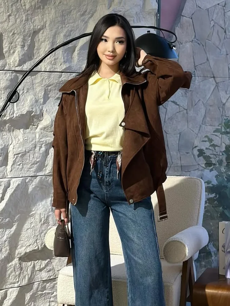 Lässige Kaffeebraune Kurze Jacke für Damen, Schicke Einfarbige Langarm-Jacke mit Reißverschluss und Taschen, Locker Geschnittene Cropped-Jacke 2026, Damen-Pendler-Streetwear-Mantel