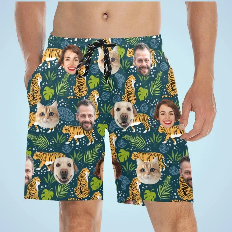 

Funny Custom Face And Pet Beach Shorts Men's Personalized Photo Tropical Palm Leaf Swim Trunks For Unique Gifts & Vacation