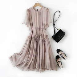 2024 Summer Dress Women Clothing New Boho Beach Dress Solid Color Short Sleeves Real Silk Dress Long Dresses For Women Zm3157