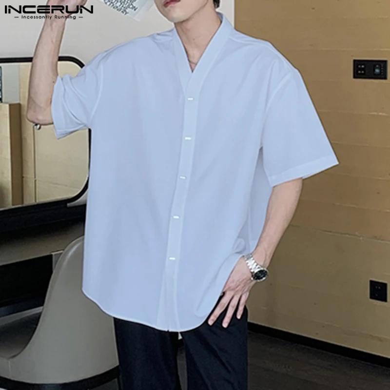 

Casual Simple Style Tops INCERUN Handsome Mens Well Fitting V-neck Design Shirt Male Streetwear Solid Short Sleeved Blouse S-5XL