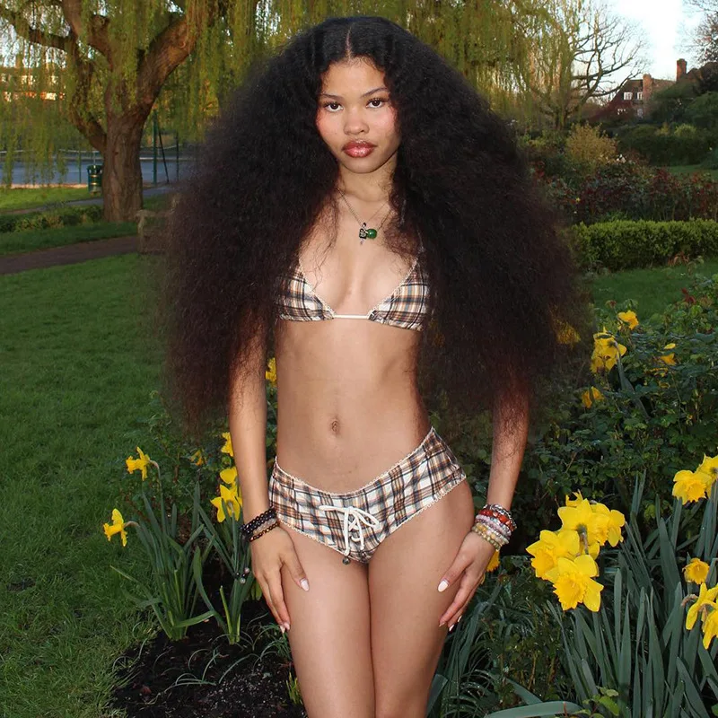 

Sexy Beach Vacation Checkered Color Blocking Bikini Women's Set Hanging Neck Tie Corset Low Waist Drawstring Ultra Short pants