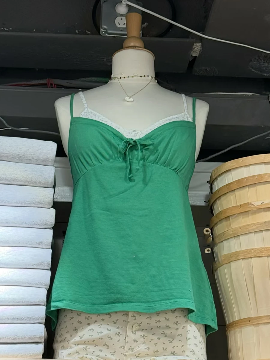 Grünes, schmales Camisole-Top mit Schnürung für Damen, V-Ausschnitt, verstellbare Träger, ärmelloses Tanktop, weibliches Sommer-Crop-Top aus süßer Baumwolle, schlicht, neu