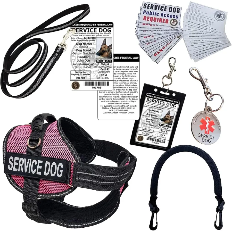 ActiveDogs Kit completo para perros de servicio - Rosa medio - Arnés de chaleco de servicio con asa Titular de la identificación Tarjetas ADA Llavero de alerta médica Lea