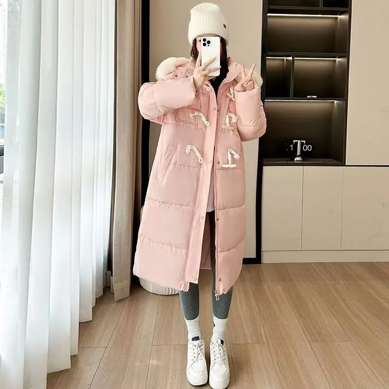 Chinese Horn Buckle Down Cotton-padded Jacket Women's Autumn Winter 2024 Long Over Knee New Fashion Loose Padded Fur Collar Coat