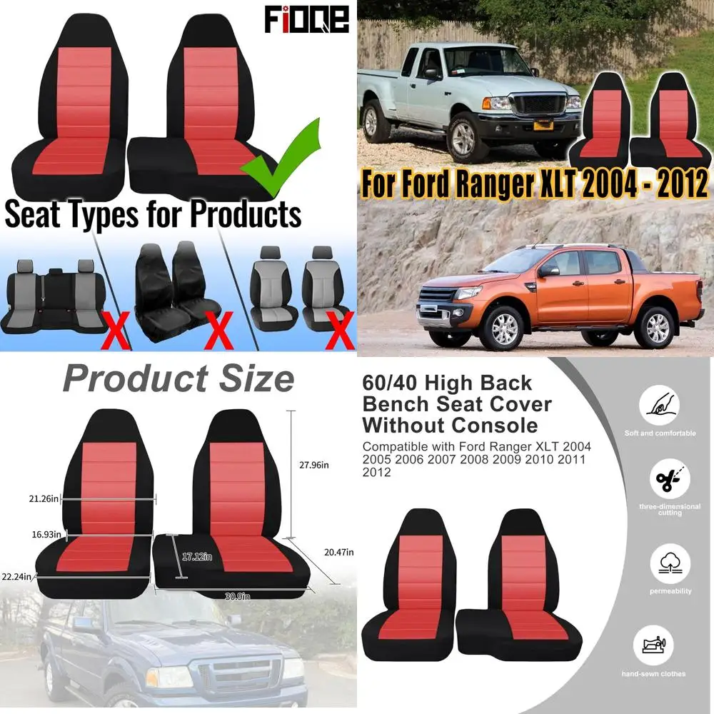 

2PCS Front 60/40 High Back Bench Seat Cover for Ford Ranger XLT 2004 2005 2006 2007 2008 2009 2010 2011 2012 (Without Console Co