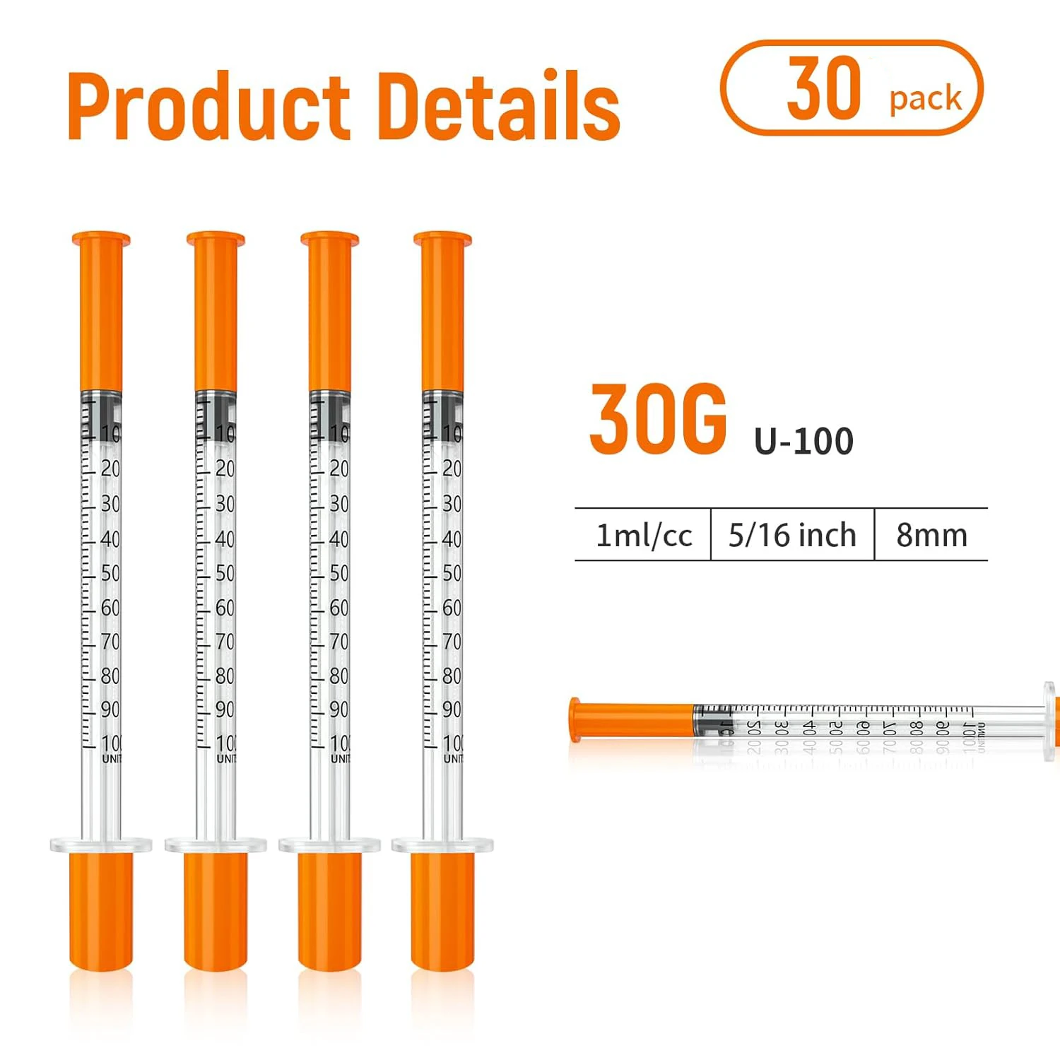 30 unids/caja U-100 1ml 30G jeringa  insulina con aguja  8mm inyector esterilizado naranja envuelto Individual sechable pa