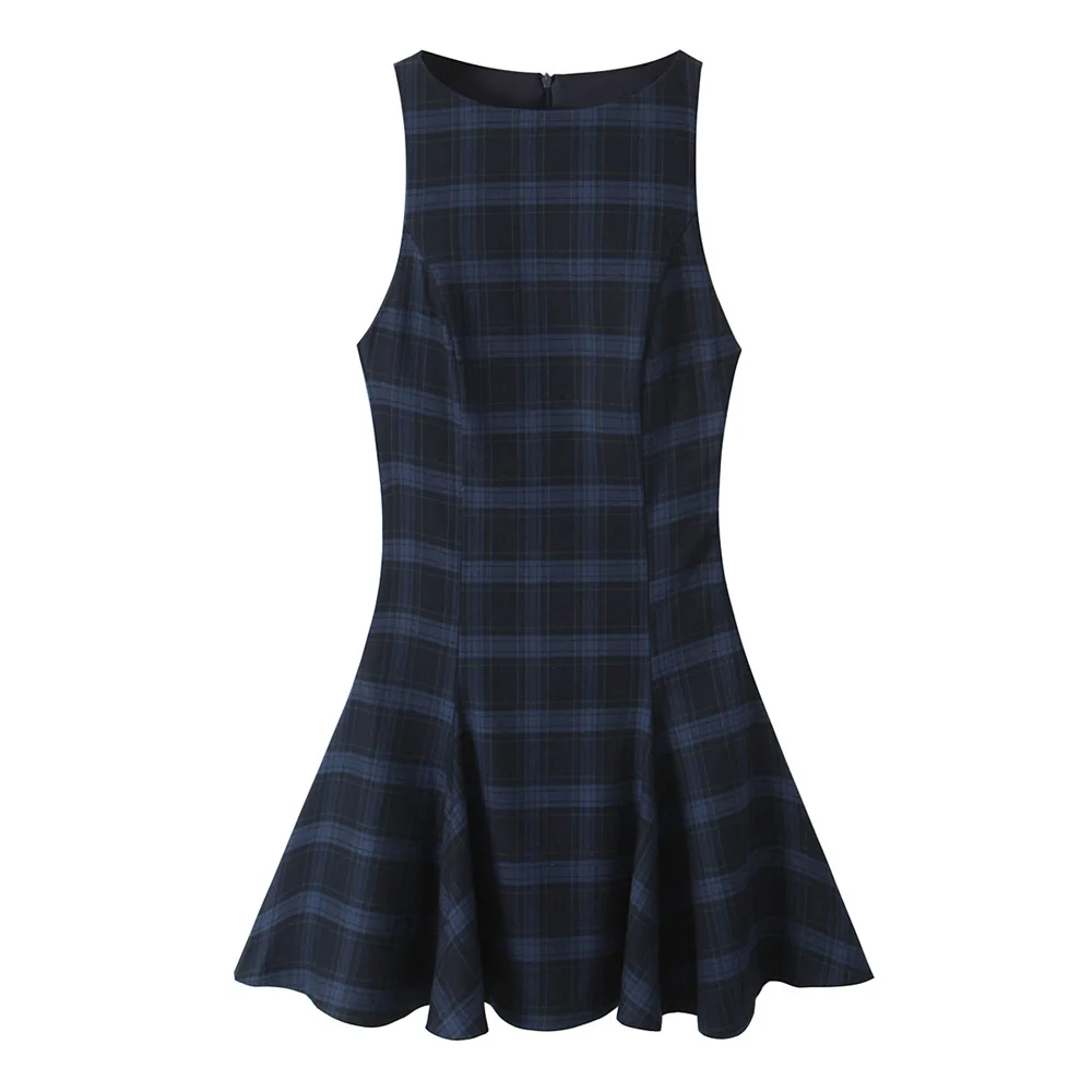 UNIZARA retro slim fit plaid sleeveless round neck wide swing short skirt mini skirt winter new slimming dress for women