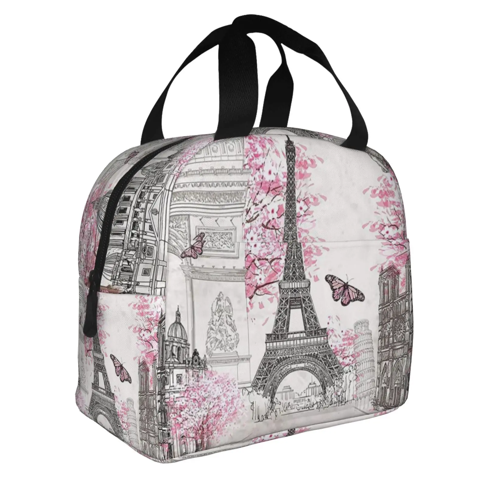 Pink Cherry Blossom Paris Eiffel Print Lunch Tote Bag Insulated Leakproof Lunch Box Container with Front Pocket for Girls Boys