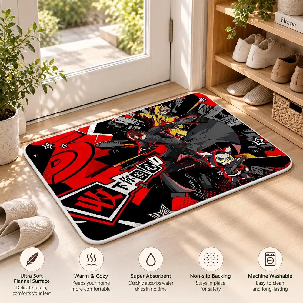 P-Persona 5 Anime Cool Floor Mat Flannel Rug Soft Non Slip Door Mat For Bathroom Bedroom Kitchen Living Room Home Decor