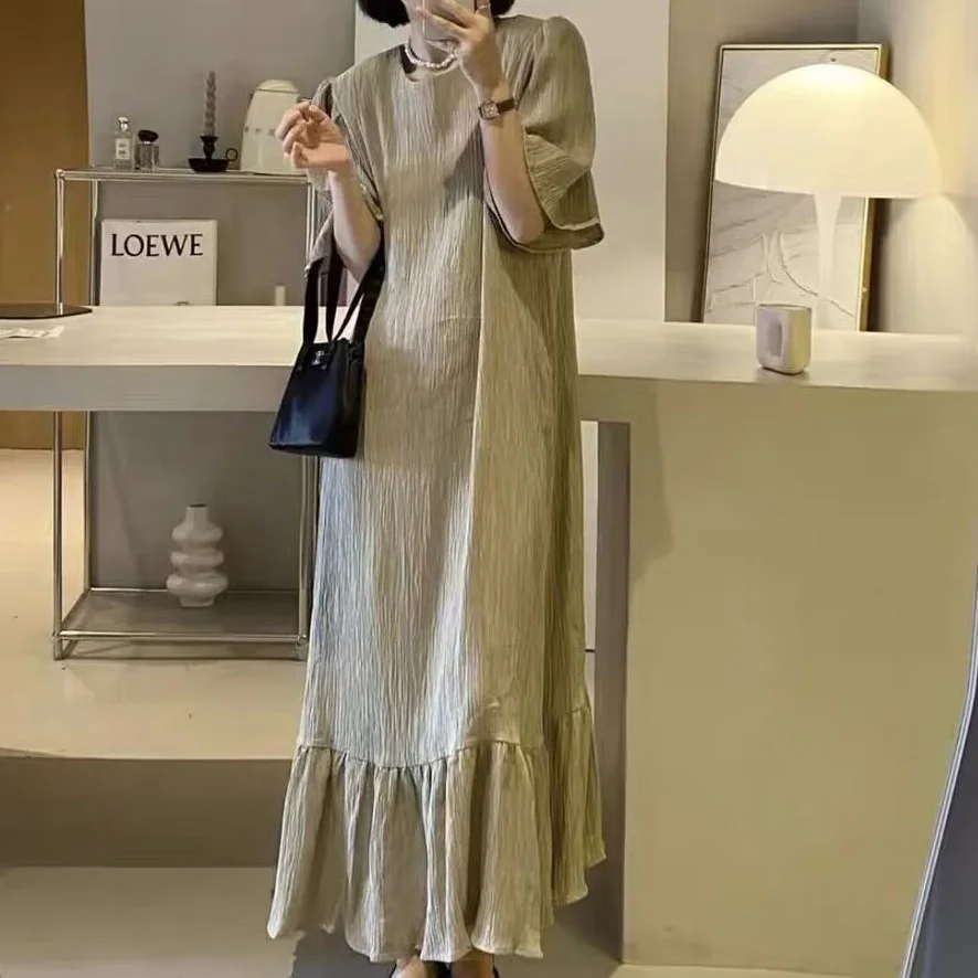 

Женское летнее винтажное свободное текстурированное платье больших размеров, универсальное платье миди длиной до колена, прямого кроя, в корейском стиле, повседневная одежда