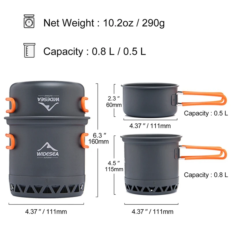 2X WIDESEA Camping Cookware Outdoor Cooking Set Tableware Rapid Heating Camping Pot Heat Exchanger Cooker Equipment