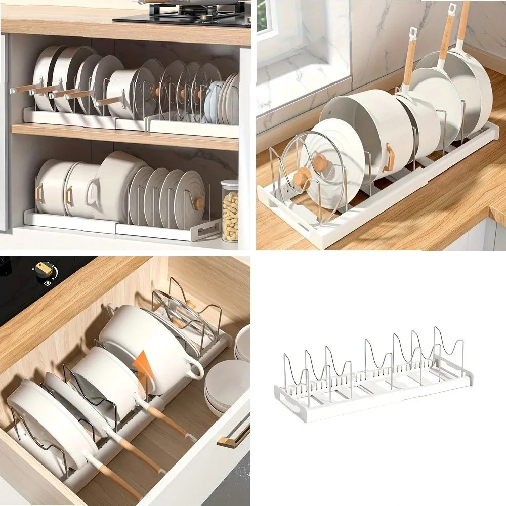 

Expandable Kitchen Cabinet Organizer Rack, Adjustable Pot Pan Storage Divider Solution