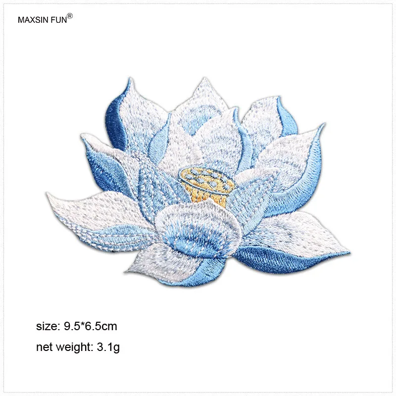 1 Piece Iron on Embroidery Lotus Stickers DIY Cheongsam Box Bag Patch Decoration Gold Blue Pink Orange Adhesive Backing
