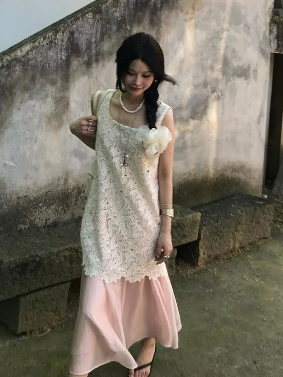 

Dongdaemun Lace Splicing Fake Two-Piece Strap Dress Women's Gentle Mid-Length Vest Dress Casual Travel Spring Season