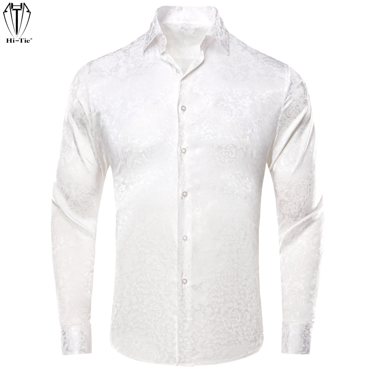 

Hi-Tie Jacquard Silk Mens Shirt Long Sleeves Lapel Overshirt Wholesale for Male Comfortable Breathable White Black Green Pink