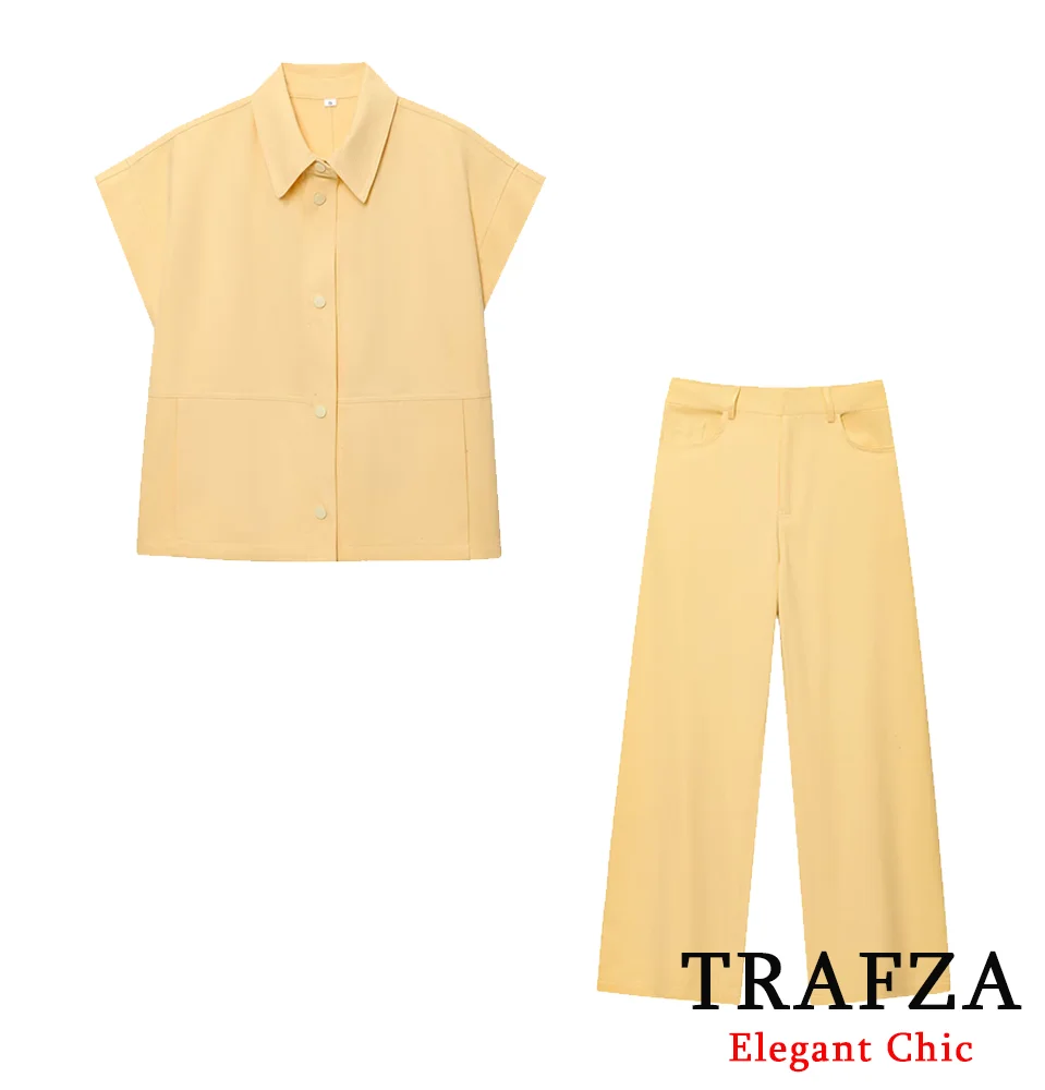 

TRAFZA Summer Vacation Pant Set Yellow Women's Short Sleeve Button Up Top Long Pant 2025 Spring Summer Fashion Elegant Lady Set