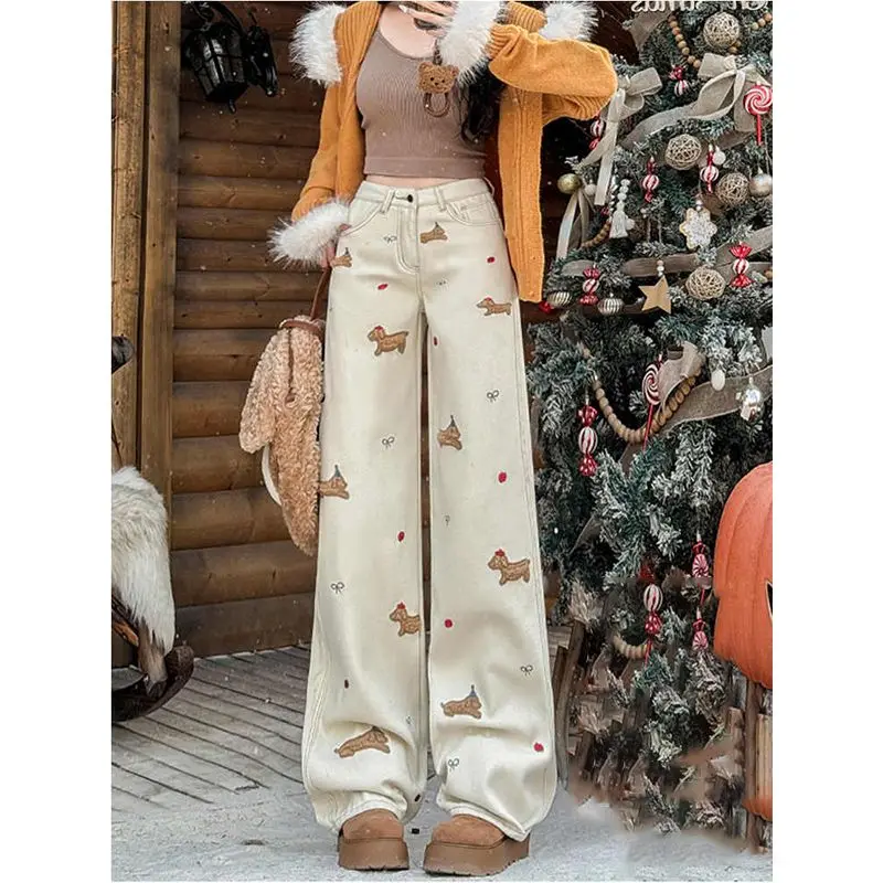 

Cartoon Dachshund 3D Embroidered Straight Leg Jeans for Women Spring New High Waist Casual Wide Leg Pants Spice Girl Y2k Pants