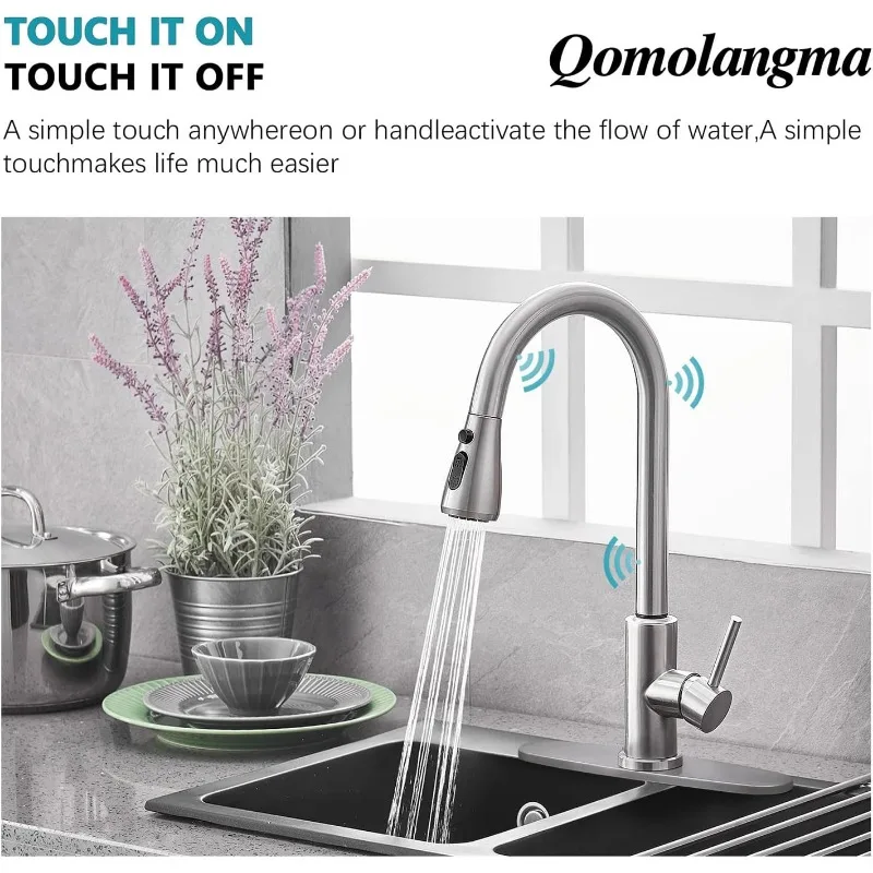 Nickel Touch Sensor Kitchen Faucet with Pull Down Sprayer, Single Handle High Arc Touch Activated Pull Out Kitchen