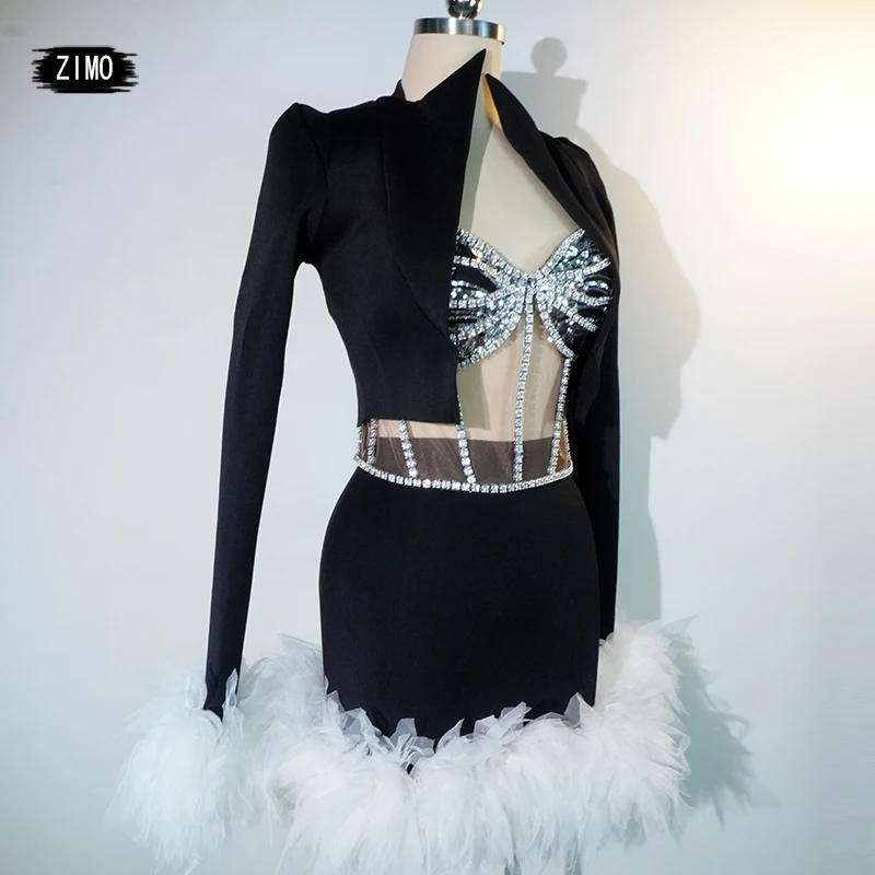 Nuovo stile vestito reggiseno diamante nero 3 pezzi moda party club DS abiti di compleanno per le donne performance sul palco costume drag queen