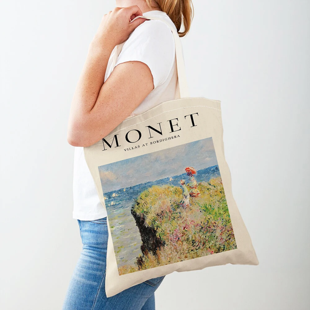 Monet Picasso Parrot Butterfly Mountain Shopping Bags Double Print Eco Casual Nordic Shopper Bag Lady Canvas Tote Women Handbag