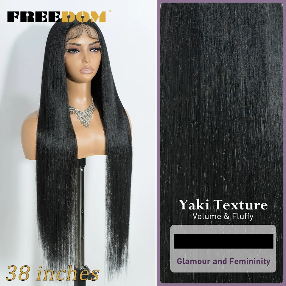 FREEDOM Lange Yaki Glatte Synthetische Lace-Front-Perücken für Schwarze Frauen 38 Zoll Ombre Braun Pfirsich Rosa Spitzenperücke für den täglichen Gebrauch – Detail 3