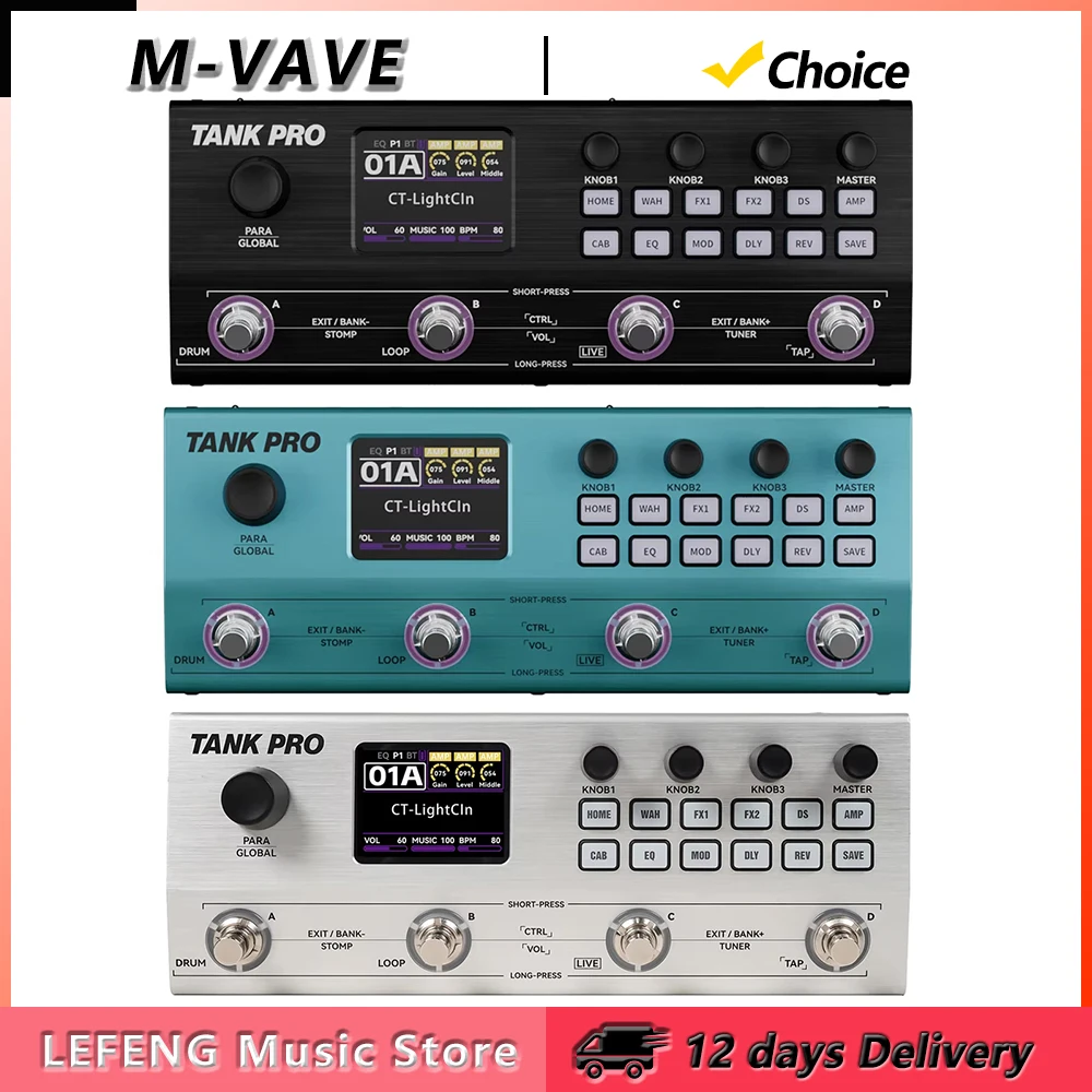 M-VAVE TANK PRO Guitar Bass Multi-Effects Pedal Rechargeable Amp/Cab Sim 150s Looper Drum Machine 120 Presets 300+ Effects