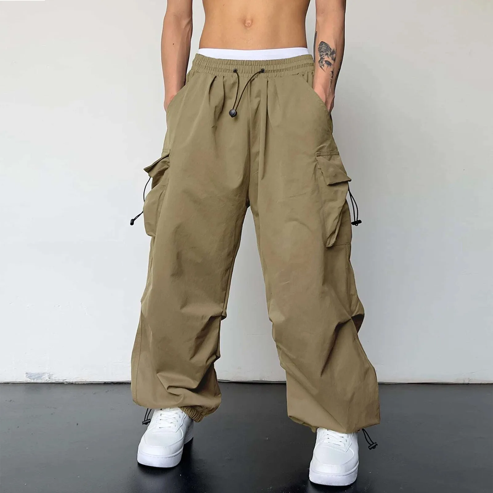 

Men's Casual High Waist Solid Color Sports Trousers Multi Woven Pocket Foot Rope Pant Street Cargo Tie Men's Fashion Cargo Pants